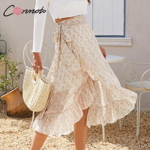 Conmoto midi summer beach boho skirts women floral high waist ruffles casual skirts vintage wrap bow ladies skirt