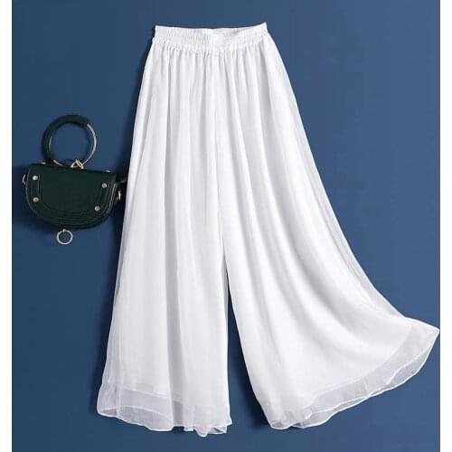 2021 Women Pant Wide Leg Solid Color Culottes Pant Female High Waist Thin Chiffon Casual Ladies Culottes Trousers