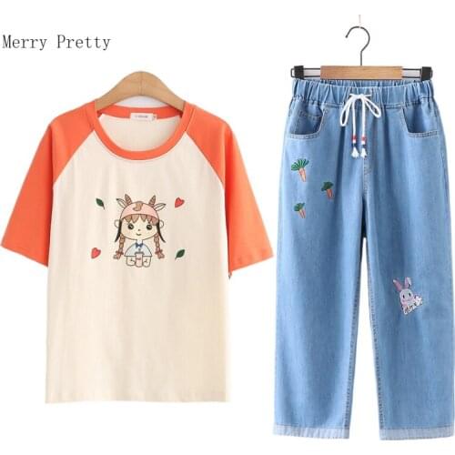 Women Pant Sets Short Sleeve O-neck Graphic T Shirt And Cartoon Embroidery Calf Length Jeans 2021 Summer Matching 2 Pieces Set