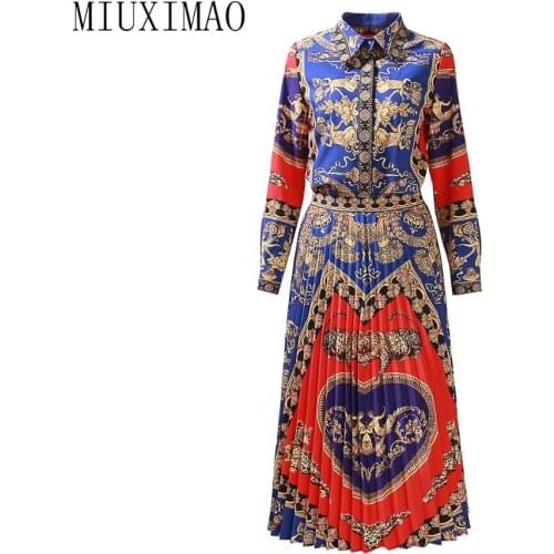 2018 Autumn New Arrival Suit Sets 2 Piece Womens Turn-down Collar Full Sleeve Print Top+ Mid-Calf Pleated Skirt Suit Women