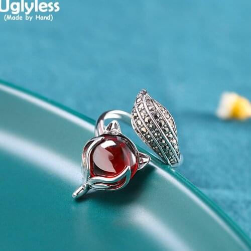 Uglyless Bring LOVE Magic Miss Fox Rings for Women Tempting Red Garnet Open Rings 925 Sterling Silver Animals Jewelry Marcasite