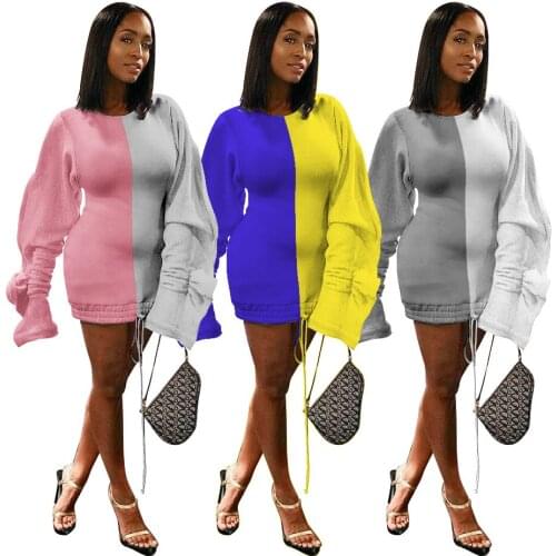 Autumn Winter Color Patchwork Women O Neck Long Latern Sleeve Midi Bodycon Dress Streetwear Pencil Activewear Pullover Dresses