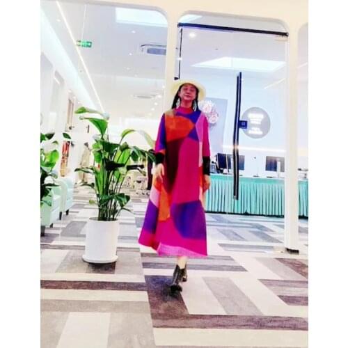 Miyake Pleated Print Dress 2021 Summer New Round Neck Seven-Point Sleeve Long Female Skirt Fashion Loose Size