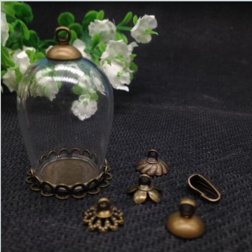 100sets 30x18mm Cloche oval-shaped arch wishing bottle jar bronze color double lace tray Christmas vial pendant glass globes