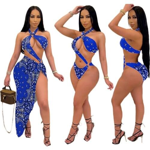 2021 Sexy Bandana Print Bikinis Swimming Set Halter Twist Hollow Out One Piece Tie Ling Skirt Swimwear Suit Biquinis Swimsuit
