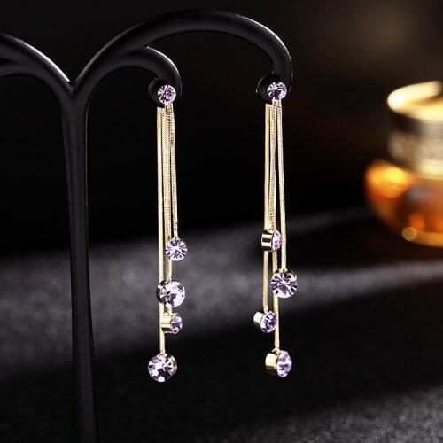 Shining Crystal Tassel Earrings 2021 Design Long Purple Dangle Korea Fashion Temperament Earring With CZ Stone