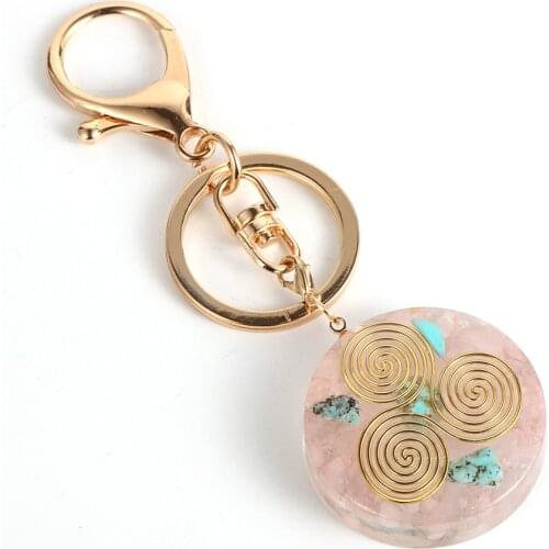 BOHO Fashion Pink Crystal Pendant Keychains For Women Girls Rose Quartz Turquoises Energy Orgonite Charm Car Key Chains Holder