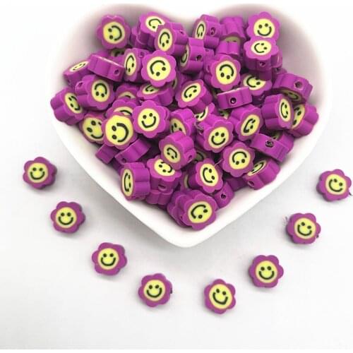 NEW 30pcs 10mm Purple Smiley Face Sunflowe Beads Polymer Clay Spacer Loose Beads for Jewelry Making DIY Bracelet Accessories
