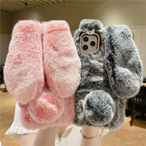 For iPhone 12 Pro Max Case Cute Rabbit Ear Plush Phone Cover For iPhone 12 Mini 11 Pro XS Max X XR 7 8 Plus SE 2020 Soft Coque