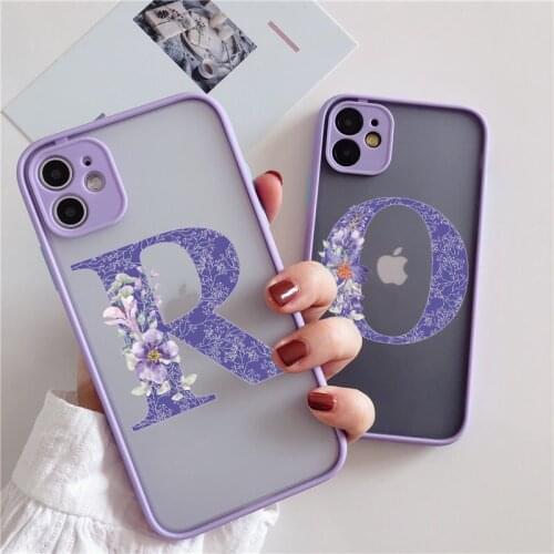 Initial Letter Phone Case For iPhone 12 mini 11 Pro Max X XR XS Max 6s 7 8 Plus Retro Purple Flower Hard Shockproof Back Cover