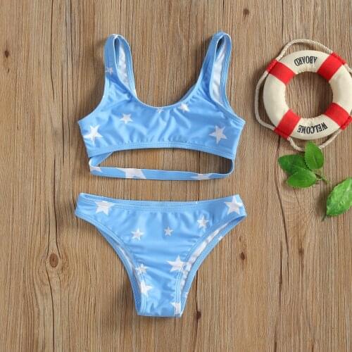 2021 Two-Piece Kids Swimwear Bikinis Star Print U-Neck Spaghetti Strap Swimsuits Beach Bathing Suit for Children Girls Beachwear