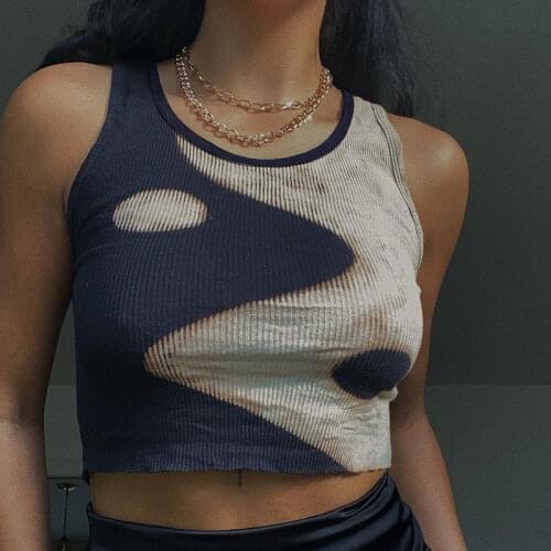 Womens Yin Yang Tank Tops Trendy Sleeveless Round Neck Two Tone Block Rib Knitted Crop Tops Streetwear