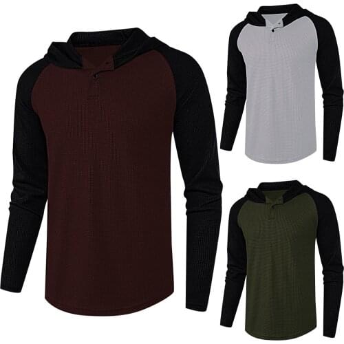 Hot Men Casual Basic T-shirt Hooded Stitching Solid Color Button Long Sleeve T-shirt Top High Quality Simple Daily Comfy T-shirt