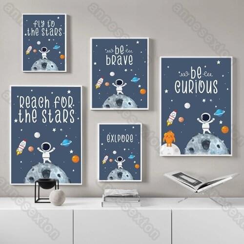 Modern Style Canvas Painting Poster Cartoon Astronauts and Planets Encourageous Quotes for Children Nursery Rooms Wall Decoratio
