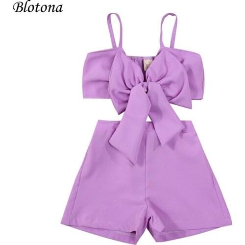 Blotona Stylish Toddler Girls 2Pcs Summer Outfits, Solid Color Sleeveless Bow Front Tank Tops +Elastic Waist Shorts Set 2-7Years