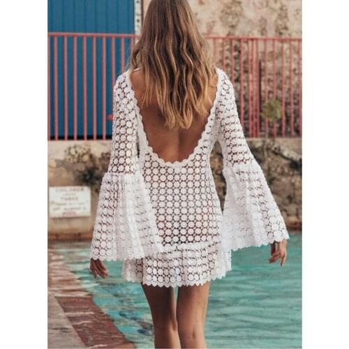 Summer Beach Women Lace Crochet Bikini Cover-Ups Female Flare Sleeve Sexy Summer Swimwear Beach Hollow Dress Cover Up Outfits