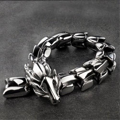 Punk Animal Dragon Head Charm Bracelet Men Stainless Steel Black Matte China Dragon Blessing Bracelet Bangle Wristband Boho
