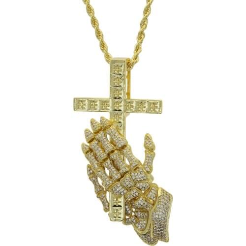 New design hip hop pendant necklace with full cz paved hand cross skull charm pendant with long rope chain for men boy friend