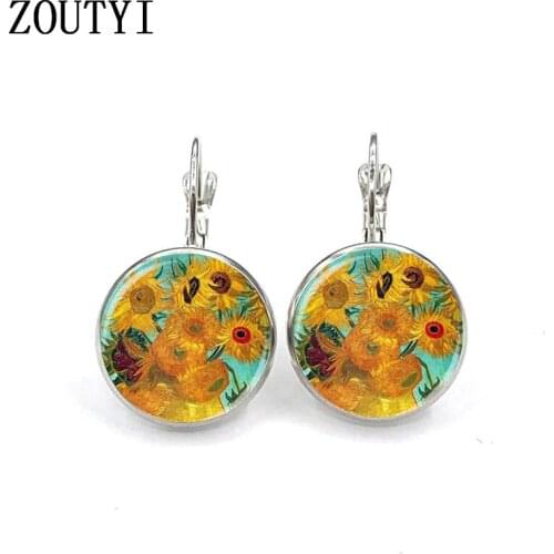 New/glamour fashion vintage Van Gogh oil painting pattern, convex glass inlay earrings, female decorations