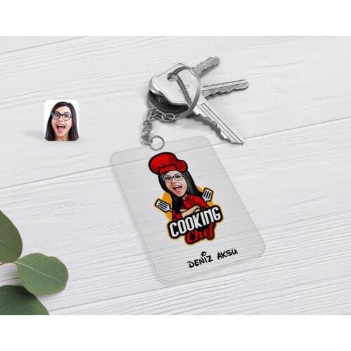 Personalized Female Chef Caricature Of Transparent Plexiglass Anahtarlık-11