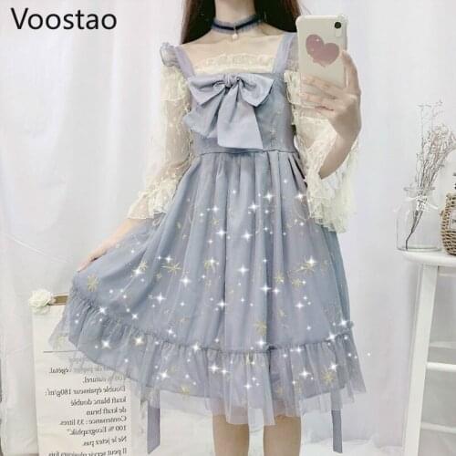 Japanese Harajuku Sweet Lolita Jsk Dress Soft Girl Cute Bow Star Moon Embroidery Tulle Dress Women Kawaii Sleeveless Party Dress