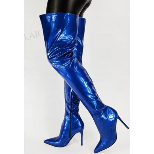 LAIGZEM Women Thigh High Boots Handmade Stiletto High Heels Boots Side Zip Over Knee Party Prom Shoes Woman Size 41 44 46 47