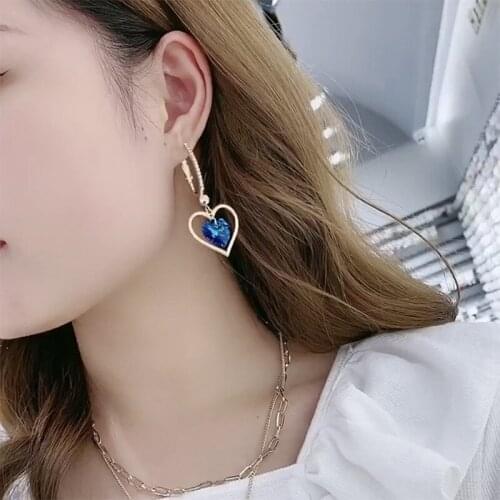Fashion new blue crystal love earrings female trendy peach heart-shaped circle long temperament net red earrings