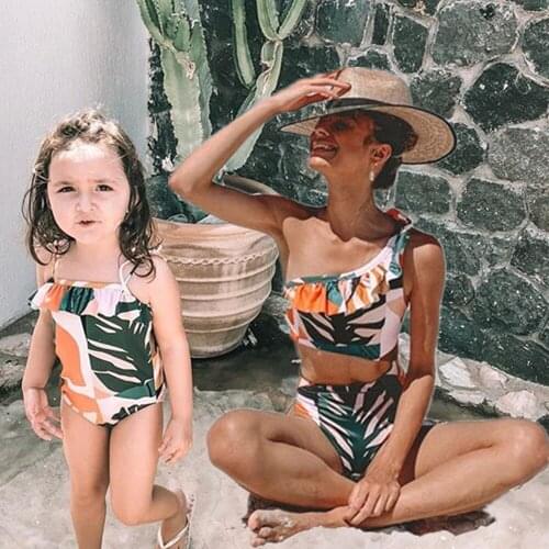 ZAFILLE Womens Swimwear 2021 Family Swimsuit Girls' Bathing Suit One Shoulder Swimming Child Swimwear Mommy And Me Clothes