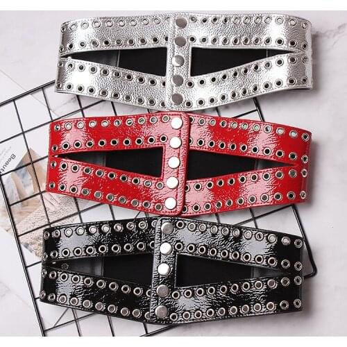 Womens runway fashion PU leather rivet elastic Cummerbunds female Dress Corsets Waistband Belts decoration wide belt TB1388