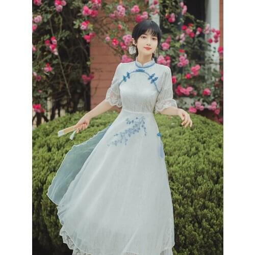 Fairy Dress Embroidery Gentle Retro Midi Dress Cheongsam 2021 Women Summer Flared Sleeve Lace Romantic Sweet Dress