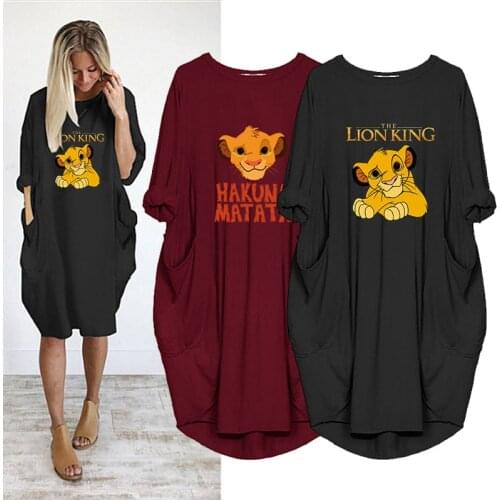 Women Vintage Dress The Lion King Hakuna Matata Simba Print Femme Robe Pocket Casual Loose O Neck Party Plus Size Boho Dress