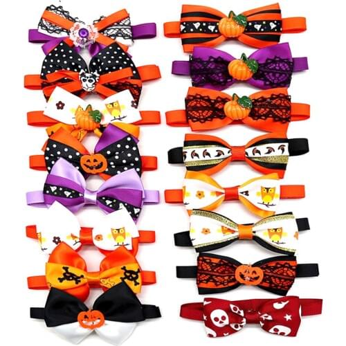 50pc Halloween Dog Accessories Pumpkin Skull Dog Pet Cat Bow Tie Collar Puppy Samll Dog Bowtie Party Holiday Pet Supplies
