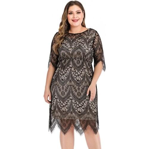 6XL Plus Size Lace Dress Women Summer O Neck Half Sleeve Lace Floral Midi Dress Ladies Slim Bodycon Pencil Dresses T2033