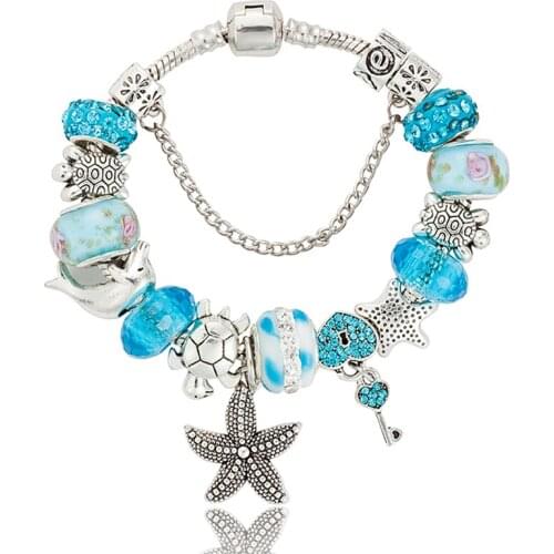 ANNAPAER Brand Jewelry Lock Starfish charm Bracelets & Bangles Blue Glass DIY Beads Bracelets for Women Gift Dropshipping B15408