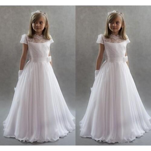 White Princess Flower Girls Dresses For Weddings 2020 High Neck Cap Sleeves Lace Chiffon Floor Length First Communion Dresses