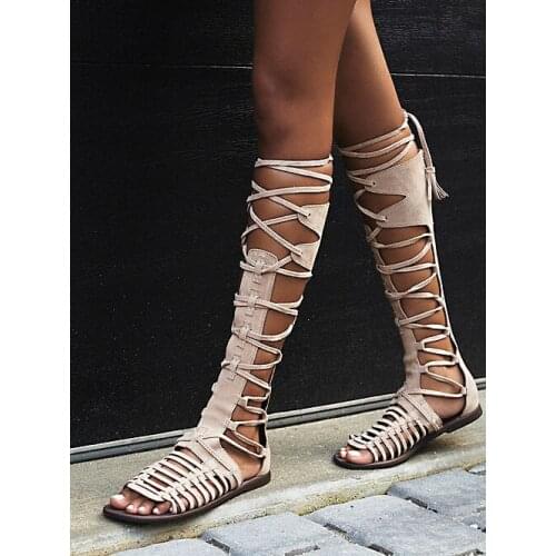 Summer Sexy Suede Cut Out Gladiator Sandals Boots Tassel Lace Up Knee High Boots Ladies Peep Toe Fringed Bandage Sandals Boots