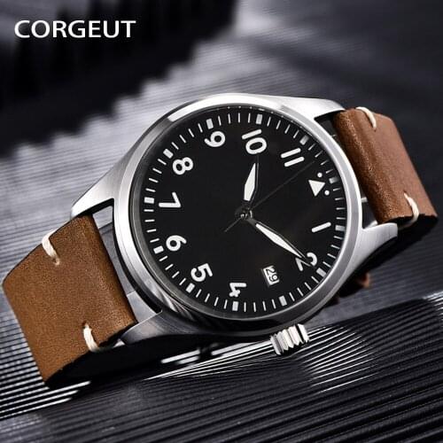 CORGEUT Watch For Men Top Brand Luxury Waterproof Date Mechanical Clock Brown Leather Sports WristWatch Orologio da uomo pilot