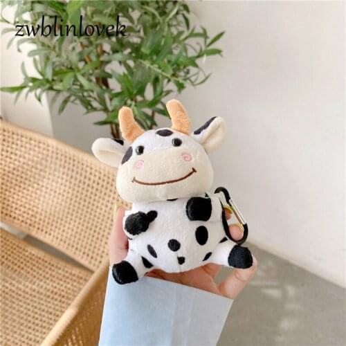 Cute milk cow pet winter plush 3d cartoon doll airpods 2 case for air pods 1 warm wireless bluetooth headset protective cover