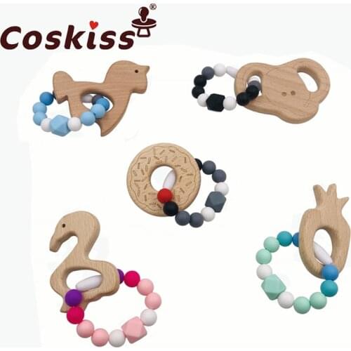 Baby Teether Bracelet Beech Wooden Animal Natural Teething Grasping Toy Silicone Bead Toddler Teether Newborn DIY Baby Gift