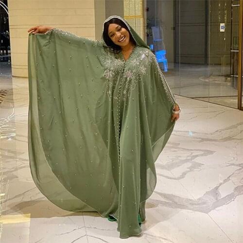 African Dress Diamonds Chiffon Beading Abaya Dashiki Loose Plus Size Fashion For Women Traditional Bat Sleeve Robe Length 144cm