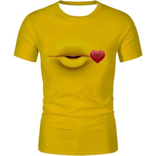 Summer Fashion Shirt Lips Print Graphic T Shirt Women Yellow Tee Tops Kiss Lip Funny Girls Tshirts Kawaii T-shirt Clothes Female