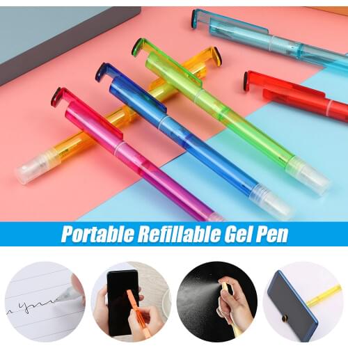 Multifunctional 3-in-1 Refillable Gel Pen Black Ink Spray Bottles Portable Phone Holder Stand Pen Wipe Screen Cleaning Pen