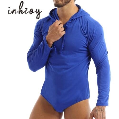 Mens Long SleeveTurn-Down Collar Shirt One-Piece Hooded Leotard Bodysuit Romper Button Down Pajamas