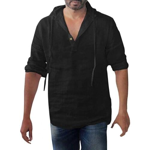 Men Shirts Men Pullover Cotton Flax Long Sleeve Solid Color Cotton Flax Mens Pullover Hoodie Linen Henley Men Shirts Tops