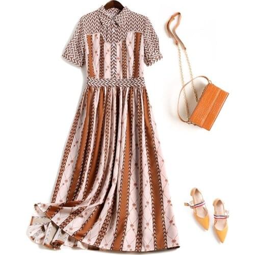 European and American summer 2021 new satin print light luxury striped shirt dress
