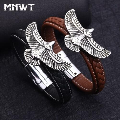 New MNWT Fashion Wristband Men Leather Bracelet Punk Rock Stainless Steel Magnetic Toggle-clasps Men Bracelets Bangles