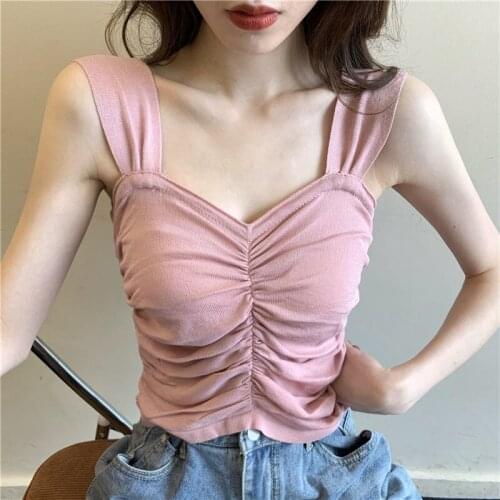 Pleating All-Matching Outerwear Camisole Womens Short Summer Slim-Fit Slimming Sleeveless Bottoming Shirt Inner Wear Blouse