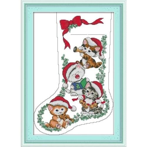 Counted Kitten Christmas Stocking Cross Stitch Kits Patterns Fabric 11CT 14CT Printed Stamped Canvas Decor Embroidery Needlework