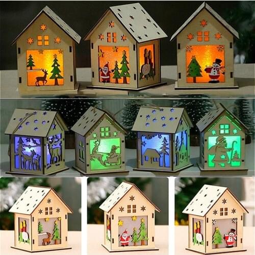 Christmas Led Light Wood House Cute Christmas Tree Hanging Ornaments Holiday Decoration Holiday Figurines Merry Christmas