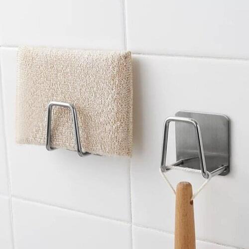 Self Adhesive Stainless Steel Kitchen Sink Sponges Holder Drain Drying Rack Kitchen Wall Hooks Accessories Storage Organizer